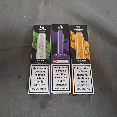 BOX OF APPROXIMATELY 25 GEEK BAR VAPES TO INCLUDE - MENTHOL, MANGO ICE , BLUEBERRY 