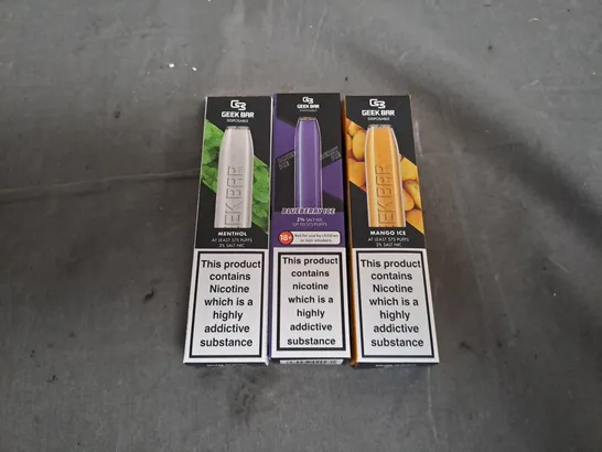 BOX OF APPROXIMATELY 25 GEEK BAR VAPES TO INCLUDE - MENTHOL, MANGO ICE , BLUEBERRY 