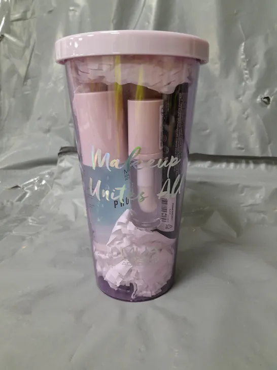 MAKE UP ACADEMY LILAC TUMBLER GIFT SET TO INCLUDE ASSORTED COSMETICS PRODUCTS