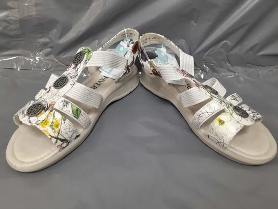 BOXED PAIR OF PAVERS OPEN TOE LOW WEDGE SANDALS IN WHITE/MULTI UK SIZE 5