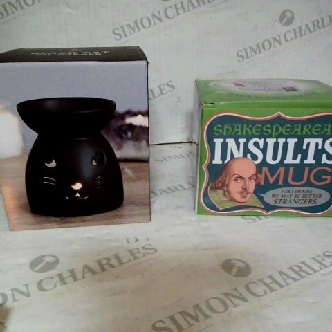 LOT OF APPROXIMATELY 40 ASSORTED HOUSEHOLD ITEMS TO INCLUDE: A BLACK CAT OIL BURNER, A SHAKESPEAREAN INSULT MUG AND FLOWERED GIFT WRAP