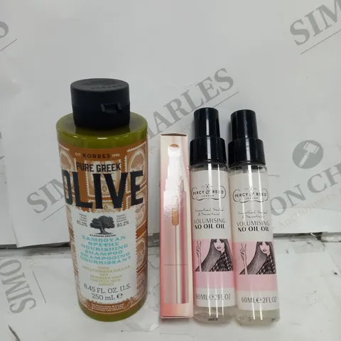 BOX OF 4 PRODUCTS INCLUDING VOLUMIZING OIL, PURE GREEK OLIVE SHAMPOO, BRIGHTENING CONCEALER 