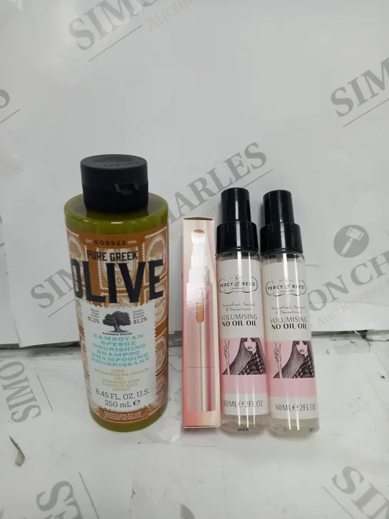 BOX OF 4 PRODUCTS INCLUDING VOLUMIZING OIL, PURE GREEK OLIVE SHAMPOO, BRIGHTENING CONCEALER 