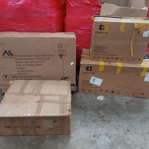 PALLET OF ASSORTED ITEMS INCLUDING: EXERCISE BIKE, COOKER HOODS, BASKETBALL STAND