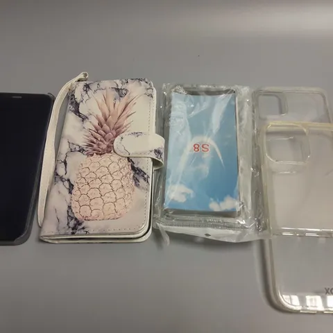 LOT OF 5 ASSORTED MOBILE PHONE CASES TO INCLUDE FOLIO FOR SAMSUNG S8, PINEAPPLE FOLIO AND CLEAR CASES