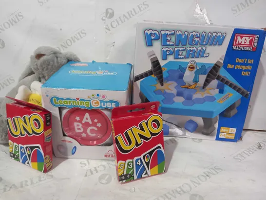 BOX OF APPROXIMATELY 8 ASSORTED TOYS AND GAMES TO INCLUDE PENGUIN PERIL, LEARNING CUBE, UNO, ETC