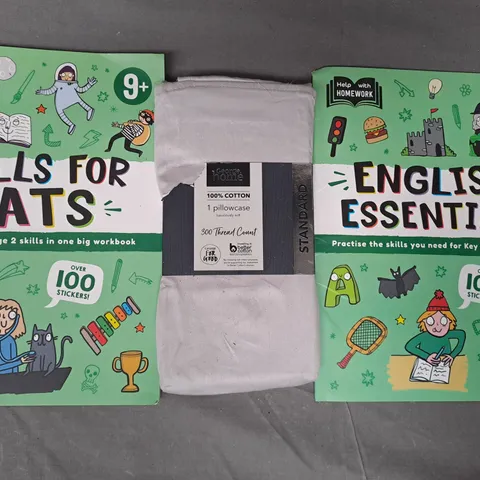 BOX OF APPROXIMATELY 15 ASSORTED HOUSEHOLD ITEMS TO INCLUDE SKILLS FOR SATS, ENGLISH ESSENTIALS, STANDARD PILLOWCASE, ETC