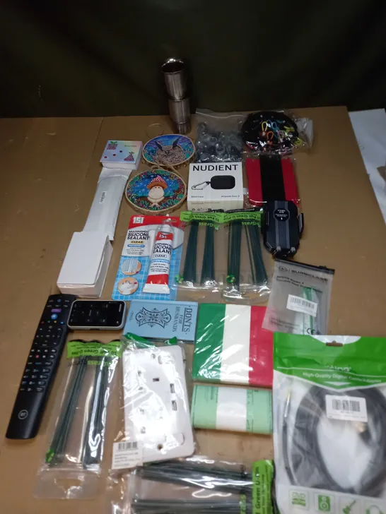 LOT OF ASSORTED ITEMS TO INCLUDE REMOTE CONTROLS, SILICONE SEALANT AND GREEN U-PINS