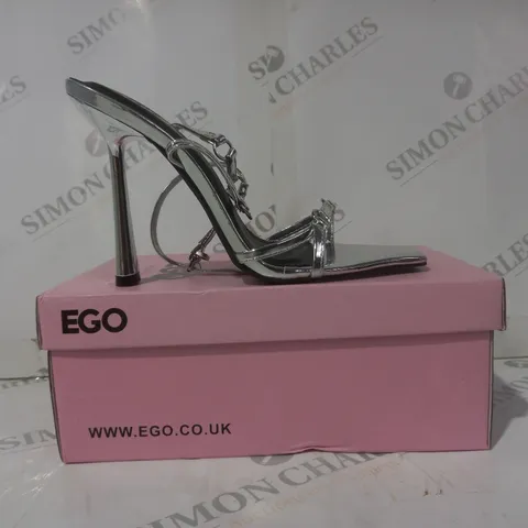 BOXED PAIR OF EGO OPEN TOE HIGH HEELED STRAPPY SANDALS IN METALLIC SILVER UK SIZE 4