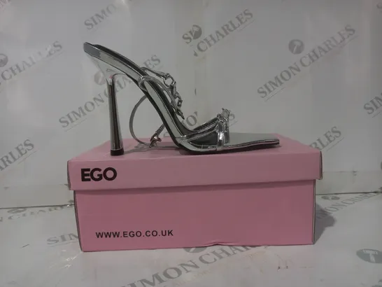 BOXED PAIR OF EGO OPEN TOE HIGH HEELED STRAPPY SANDALS IN METALLIC SILVER UK SIZE 4