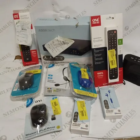 BOX OF ASSORTED ASDA ELECTRICALS INCLUDING - RADIO, WIRELESS EARBUDS, RAPOO WIRELESS MOUSE