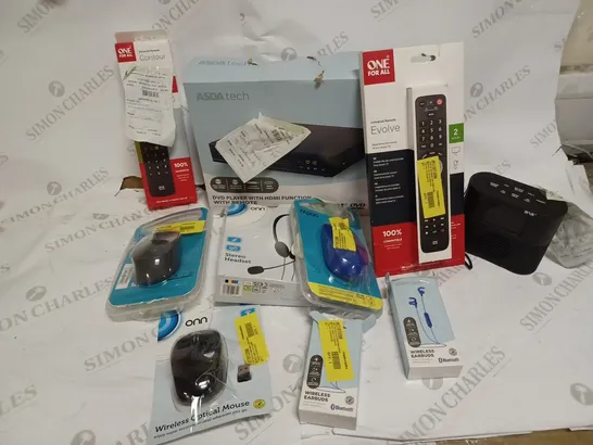 BOX OF ASSORTED ASDA ELECTRICALS INCLUDING - RADIO, WIRELESS EARBUDS, RAPOO WIRELESS MOUSE