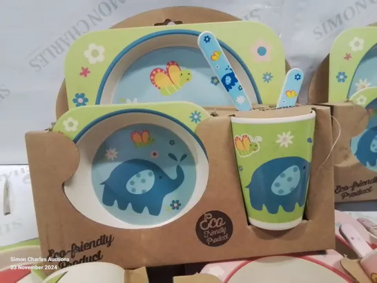 12 SETS OF CHILDREN'S ECO FRIENDLY PLATE, BOWL, CUP AND CUTLERY SETS.