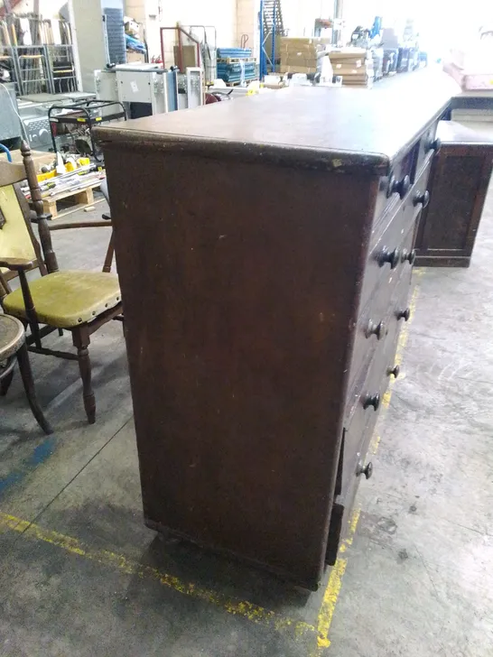 ANTIQUE TWO OVER FOUR DARK WOOD CHEST OF DRAWERS WITH BUN HANDLES