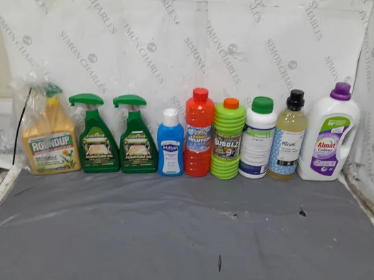 TOTE OF APPROX 10 HOUSEHOLD ITEMS TOO INCLUDE ULTIMATE FURNITURE OIL, STERILISING FLUID, AND BUBBLE SOLUTION ETC. 