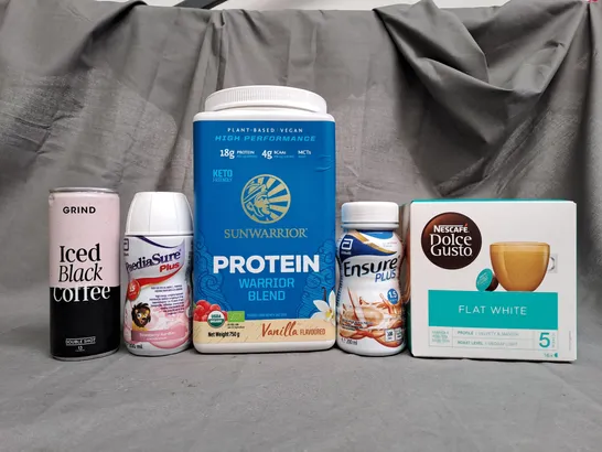 TOTE OF APPROX 14 ASSORTED FOOD ITEMS TO INCLUDE - GRIND ICED BLACK COFFEE , SUN WARRIOR PROTEIN WARRIOR BLEND , NESCAFE DOLCE GUSTO FLAT WHITE ETC