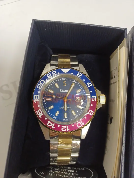 BOXED STAUER GENTS TIGER SHARK DIVE WATCH STAINLESS STEEL - RED & BLUE