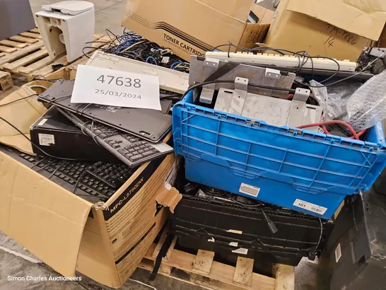 PALLET OF ASSORTED IT EQUIPMENT, INCLUDING CABLES, POWER CABLES, PRINTER CARTRIDGES, KEYBOARDS.