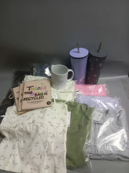 BOX OF APPROXIMATELY 15 ASSORTED HOUSEHOLD/CLOTHING ITEMS TO INCLUDE METAL CUPS, TANK TOPS, SHORTS ETC