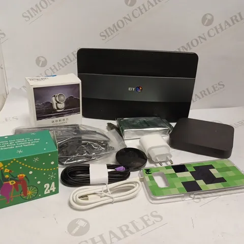 BOX OF APPROXIMATELY 20 ASSORTED HOUSEHOLD & ELECTRICAL ITEMS TO INCLUDE BT ROUTER, MINI SHAVER, CHARGING CABLES ETC 