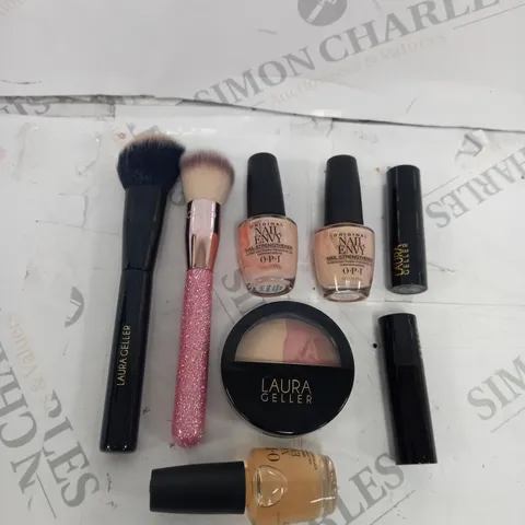 BAG OF MAKEUP ITEMS TO INCLUDE LAURA GELLER HIGHLIGHT, OPI NAIL ENVY, BRUSH ETC