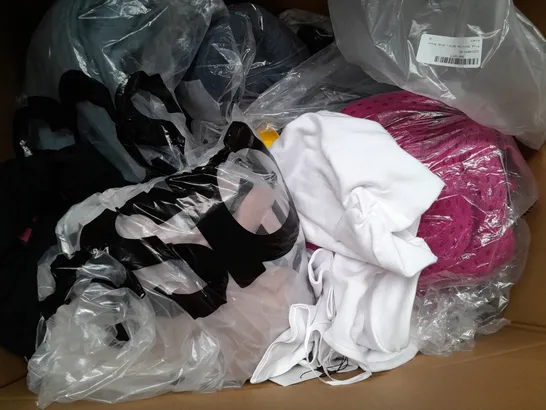 BOX OF APPROXIMATELY 25 ASSORTED CLOTHING ITEMS TO INCLUDE - T-SHIRT , SOCKS , BIKINI TOP ETC