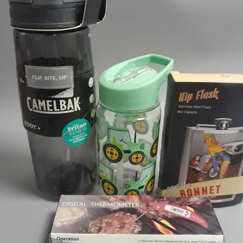 LOT OF 4 ASSORTED COOKWARE ITEMS TO INCLUDE CAMELBACK DRINKS CONTAINER, HIP FLASK AND DIGITAL THERMOMETER