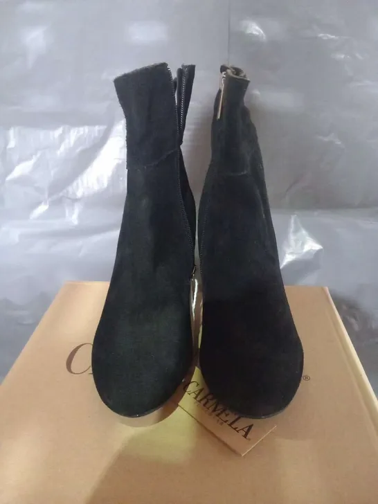 BOXED CARMELA GRACE BLACK SUEDE ANKLE BOOTS SIZE 36