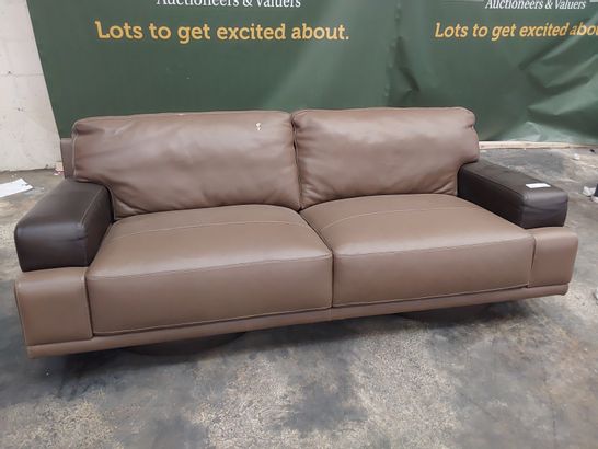 DESIGNER FIXED THREE SEATER SOFA TWO TONE BROWN LEATHER 