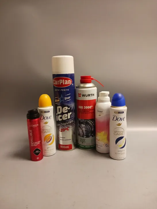 APPROXIMATELY 15 ASSORTED AEROSOLS TO INCLUDE DOVE ORIGINAL DEODERANT, CARPLAN DE-ICER, HS 2000 LUBRICATING OIL ETC COLLECTION ONLY