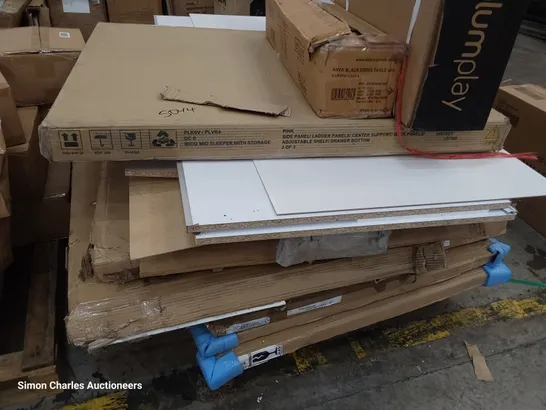 PALLET OF ASSORTED BOXED FURNITURE PARTS, INCLUDING PLUMPLAY TRAMPOLINE, BED & FURNITURE PARTS