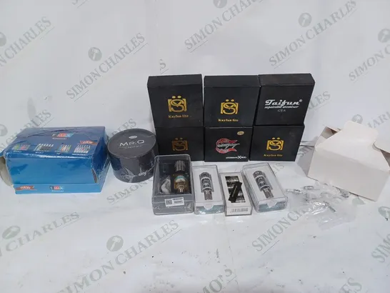 BOX TO CONTAIN A LARGE ASSORTMENT OF E-CIGARETTE PRODUCTS & PARTS. BRANDS INCLUDE KAYFUN, STINGRAY, JOMO, E-MAX ETC 