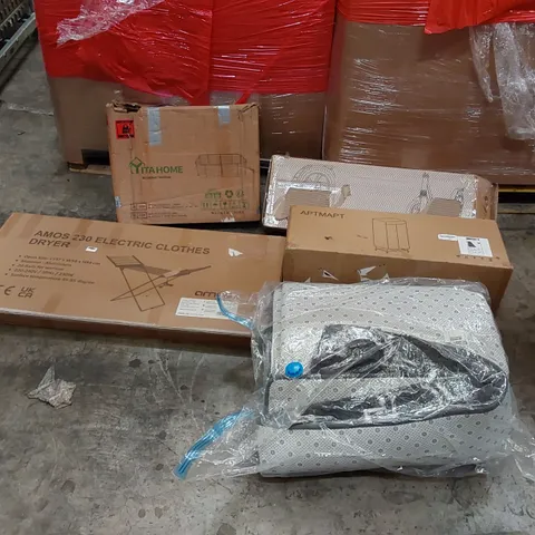 PALLET OF ASSORTED ITEMS INCLUDING: ELECTRIC CLOTHES DRYER, SCOOTER, RUGS, RAISED BED