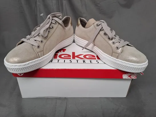 BOXED PAIR OF RIEKER SHOES IN METALLIC GOLD SIZE 6