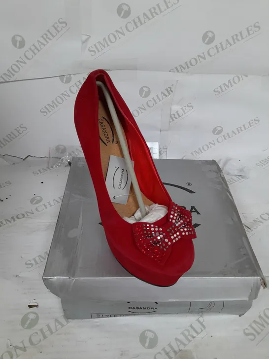 BOXED PAIR OF CASANDRA PLATFORM STILLETO HEEL IN RED SUEDE WITH RHINESTONE BOW DETAIL SIZE 5