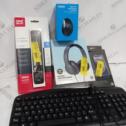 BOX OF APPROXIMATELY 15 ASSORTED ITEMS TO INCLUDE KEYBOARD, WIRED HEADPHONES, ONE FOR ALL UNIVERSAL REMOTE ETC