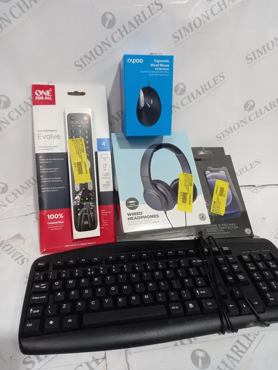 BOX OF APPROXIMATELY 15 ASSORTED ITEMS TO INCLUDE KEYBOARD, WIRED HEADPHONES, ONE FOR ALL UNIVERSAL REMOTE ETC