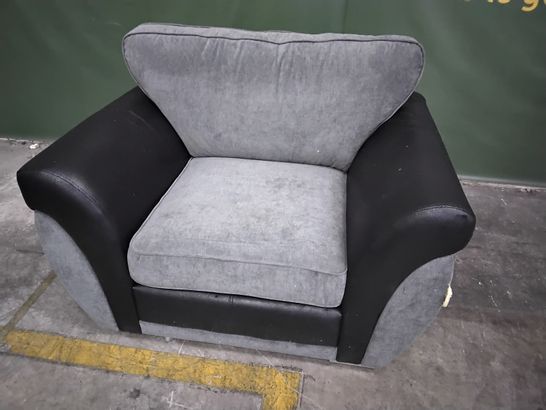 DESIGNER BLACK FAUX LEATHER & GREY FABRIC EASY CHAIR 