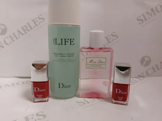 4 DIOR ITEMS TO INCLUDE MISS DIOR HAND GEL, DIOR NAIL POLISH AND HYDRALIFE SORBET WATER