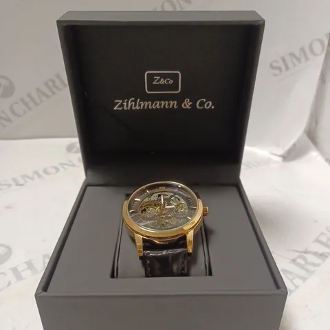 MENS ZIHLMANN & CO AUTOMATIC WATCH - Z210 – SKELETON DIAL – GOLD COLOUR CASE – GENUINE LEATHER – HAND ASSEMBLED