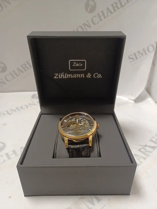 MENS ZIHLMANN & CO AUTOMATIC WATCH - Z210 – SKELETON DIAL – GOLD COLOUR CASE – GENUINE LEATHER – HAND ASSEMBLED