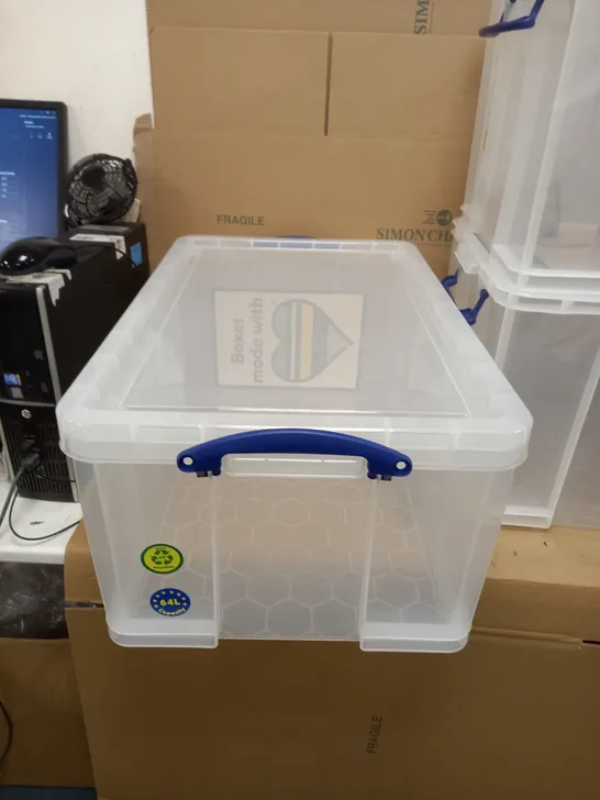 REALLY USEFUL CLEAR PLASTIC STORAGE BOX - 2 X 84L (NO LIDS) & 1 X 64L (WITH LID)