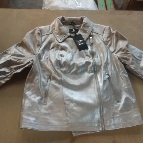 BOX OF APPROXIMATELY 13 JULIEN MACDONALD BEIGE/SILVER BIKER JACKET - SIZE 20