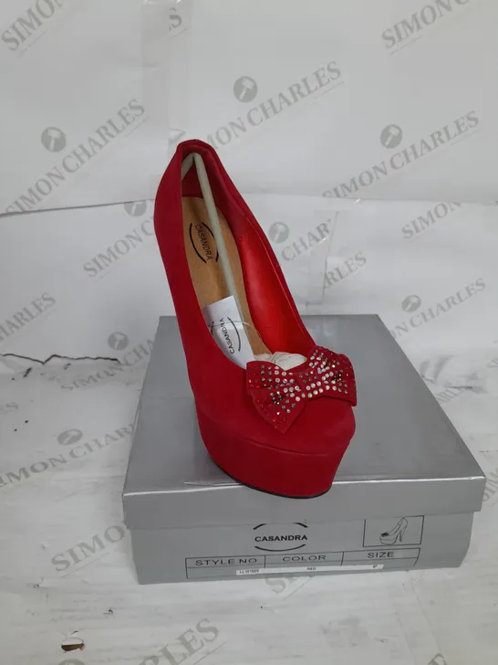 BOXED PAIR OF CASANDRA PLATFORM STILLETTO HEEL IN RED SUEDE WITH RHINESTONE BOW DETAIL SIZE 5