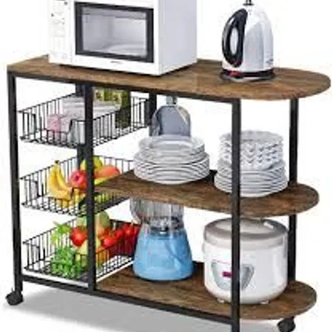 BRAND NEW LENTIA 3-TIER KITCHEN ISLAND CART TROLLEY INDUSTRIAL MICROWAVE OVEN STAND UTILITY STORAGE CART WITH 3 METAL BASKETS, 4 WHEELS - 2 LOCKING WHEELS (1 BOX)