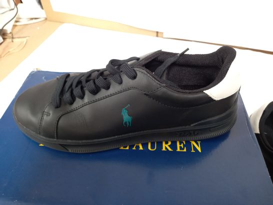 BOXED PAIR OF RALPH LAUREN BLACK POLO TRAINERS  - UK 8