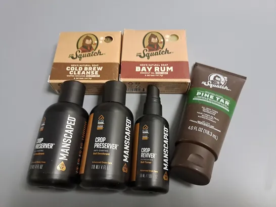 LOT OF 6 ASSORTED MENS BEAUTY ITEMS TO INCLUDE DR SQUATCH SOAP AND MANSCAPED CROP PRESERVER