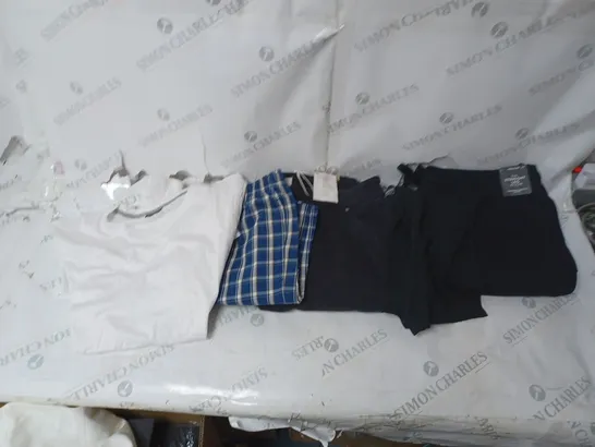 BOX OF ASSORTED CLOTHING ITEMS TO INCLUDE PYJAMAS, JOGGERS, TOPS ETC 