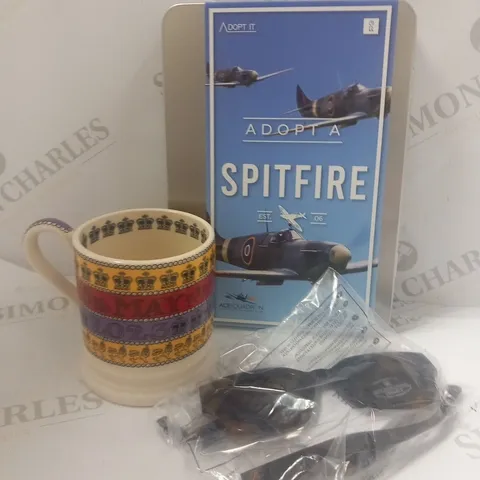 4 ASSORTED PRODUCTS TO INCLUDE; ADOPT A SPITFIRE GIFT SET, THREE CHEERS FOR KING CHARLES MUG, MANGO SQUARE TINTED GLASSES AND PERSONALISED PHOTOFRAME