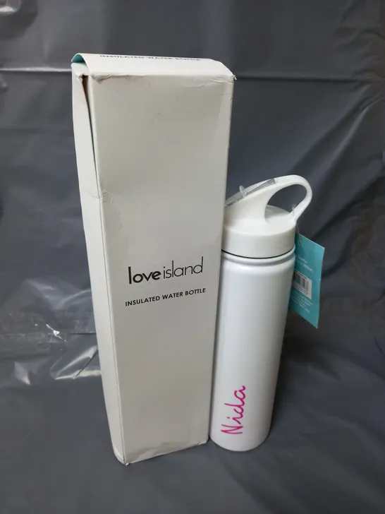 BOXED LOVE ISLAND INSULATED WATER BOTTLE IN WHITE ('NIDA')